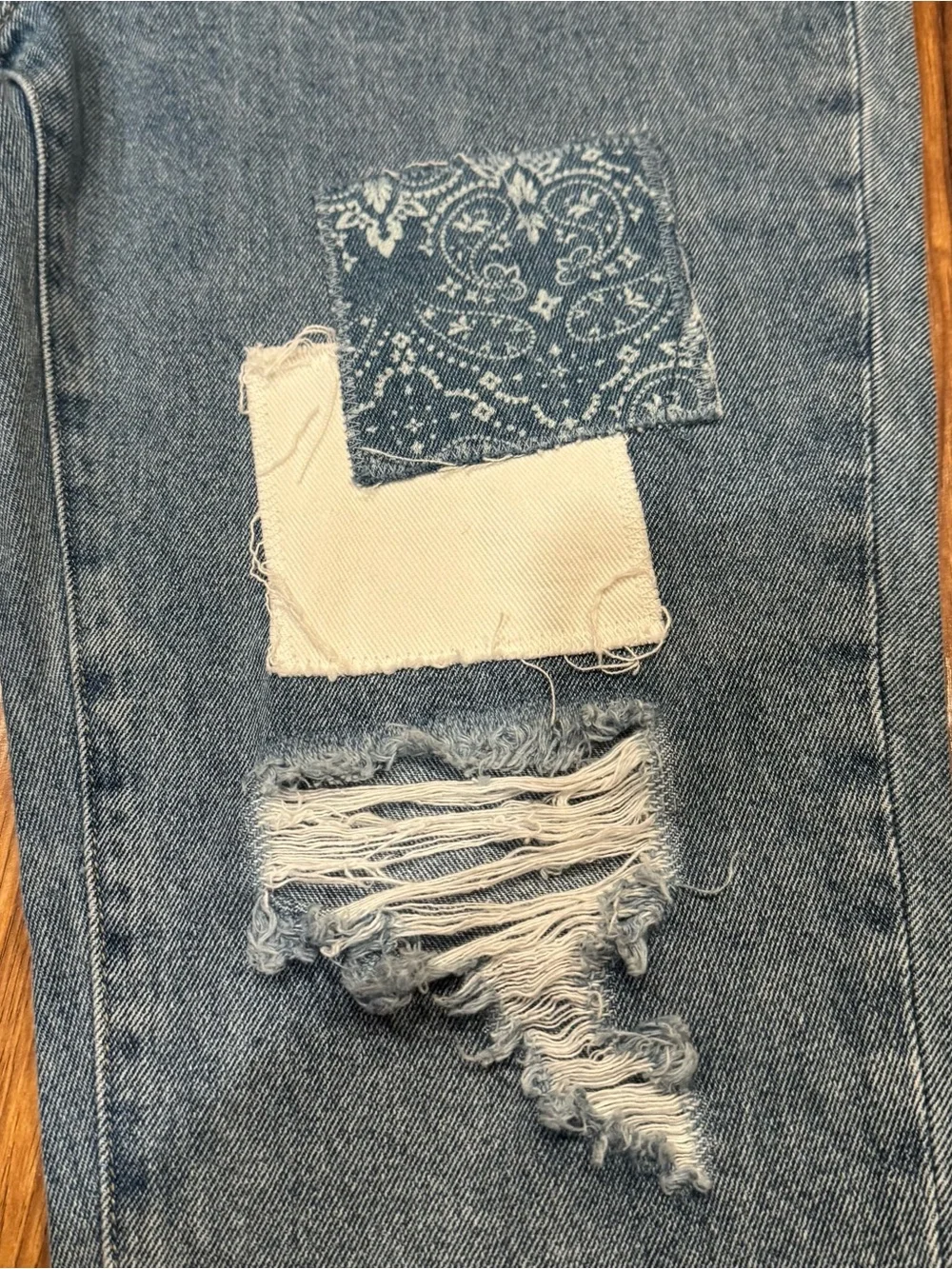 Simple Society Patchwork Distressed Women’s Jeans - Blue Denim, Size 13/31